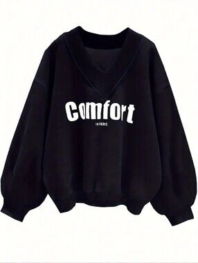 Comfort V-Neck Black Sweatshirt with White Logo